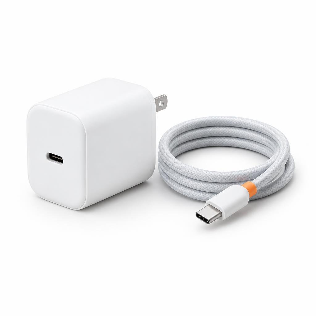 מטען USB-C לבן קומפקטי עם כבל קלוע